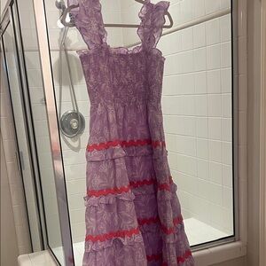 J. Marie Lavender Floral Ruffle Maxi Dress with Pink Trim